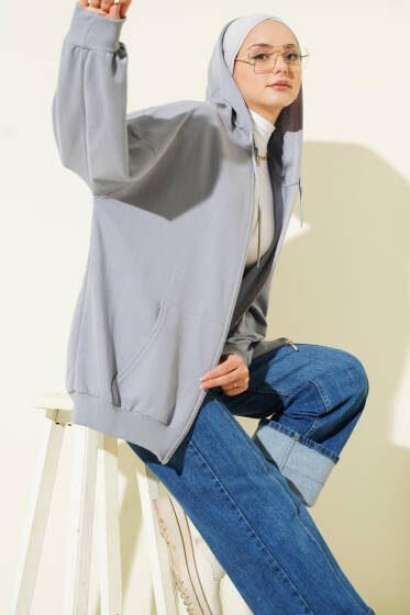 Kapüşonlu Fermuarlı Salaş Hırka Kayrak Grisi - Yılın Fırsatı