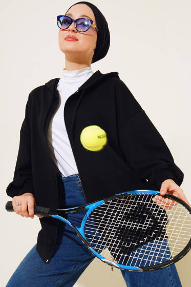 Kapüşonlu Fermuarlı Salaş Hırka Siyah - Yılın Fırsatı 