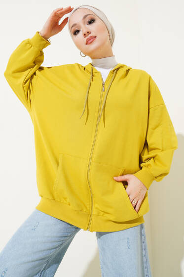 Kapüşonlu Fermuarlı Salaş Hırka Yağ Yeşili - 100-300 TL Ürünler