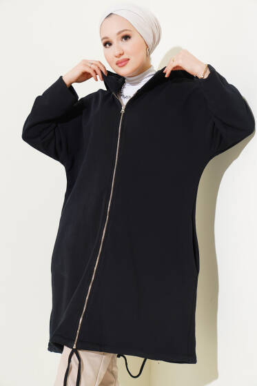 Kapüşonlu Fermuarlı Salaş Uzun Hırka Siyah - Hırka