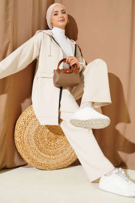 Kapüşonlu Fermuarlı Scuba İkili Takım Bej - NESSİA