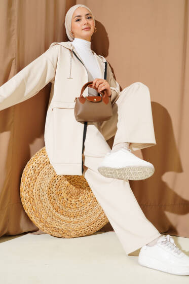 Kapüşonlu Fermuarlı Scuba İkili Takım Bej - Scuba Ürünler