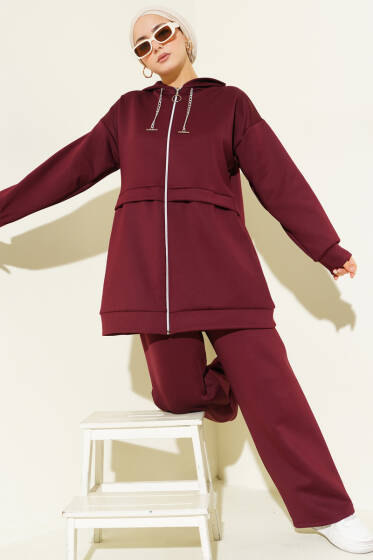 Kapüşonlu Fermuarlı Scuba İkili Takım Bordo - İkili Takım