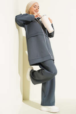 Kapüşonlu Fermuarlı Scuba İkili Takım Füme