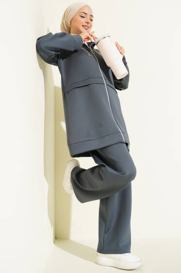 Kapüşonlu Fermuarlı Scuba İkili Takım Füme - Scuba Ürünler