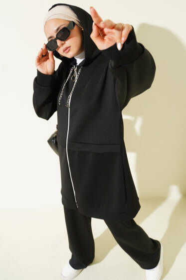 Kapüşonlu Fermuarlı Scuba İkili Takım Siyah - Scuba Ürünler