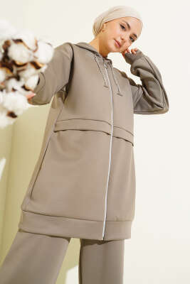 Kapüşonlu Fermuarlı Scuba İkili Takım Vizon - NESSİA