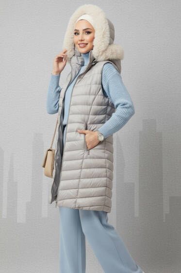 Kapüşonlu Fermuarlı Şişme Yelek Gri - Yelek