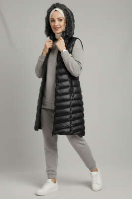 Kapüşonlu Fermuarlı Şişme Yelek Siyah - Yelek