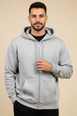 Kapüşonlu Fermuarlı Sweatshirt Gri - WOLEE