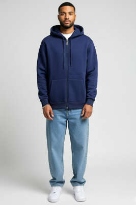 Kapüşonlu Fermuarlı Sweatshirt Lacivert - Erkek Sweatshirt