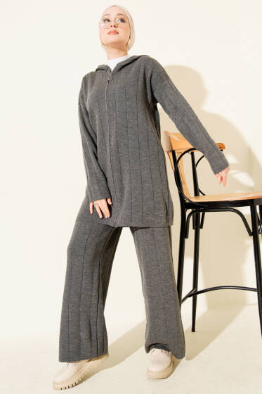 Kapüşonlu Fermuarlı Triko İkili Takım Füme - İkili Takım