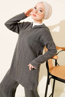 Kapüşonlu Fermuarlı Triko İkili Takım Füme - İkili Takım