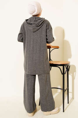 Kapüşonlu Fermuarlı Triko İkili Takım Füme - İkili Takım