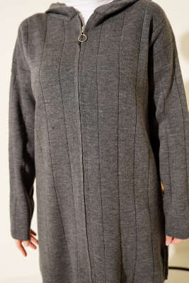 Kapüşonlu Fermuarlı Triko İkili Takım Füme - İkili Takım