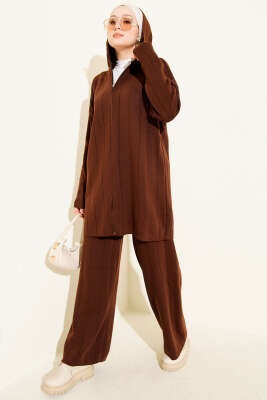Kapüşonlu Fermuarlı Triko İkili Takım Kahve - NESSİA