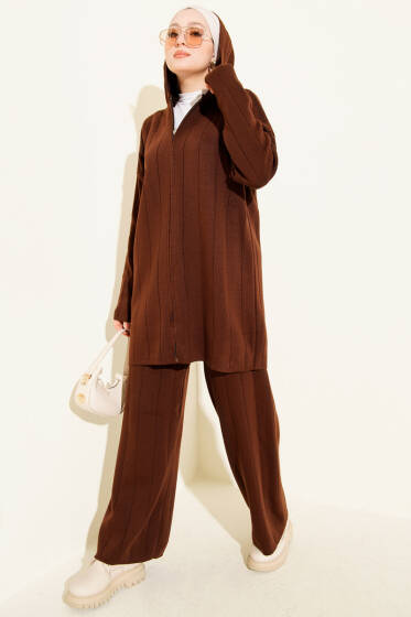 Kapüşonlu Fermuarlı Triko İkili Takım Kahve - İkili Takım