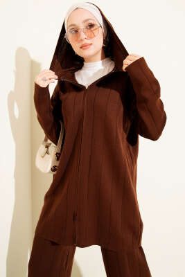 Kapüşonlu Fermuarlı Triko İkili Takım Kahve - İkili Takım