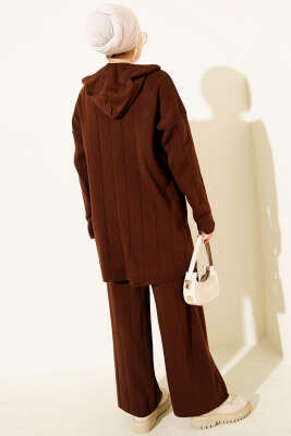 Kapüşonlu Fermuarlı Triko İkili Takım Kahve - İkili Takım