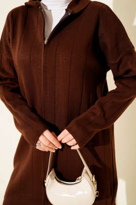 Kapüşonlu Fermuarlı Triko İkili Takım Kahve - İkili Takım