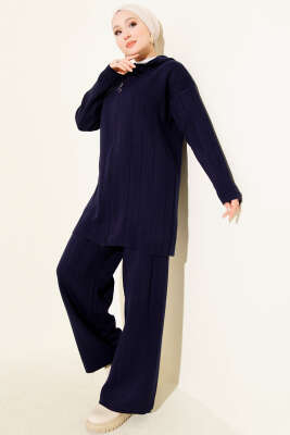 Kapüşonlu Fermuarlı Triko İkili Takım Lacivert - NESSİA