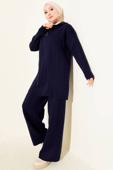 Kapüşonlu Fermuarlı Triko İkili Takım Lacivert - İkili Takım