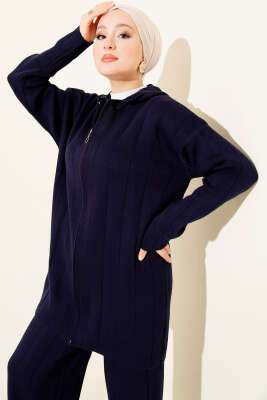 Kapüşonlu Fermuarlı Triko İkili Takım Lacivert - İkili Takım