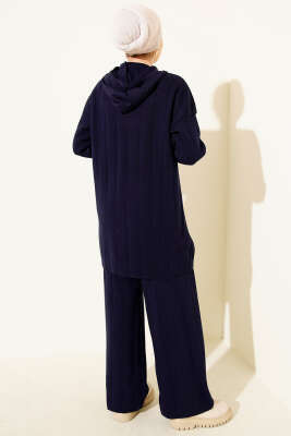 Kapüşonlu Fermuarlı Triko İkili Takım Lacivert - İkili Takım
