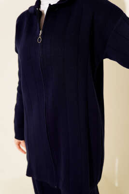 Kapüşonlu Fermuarlı Triko İkili Takım Lacivert - İkili Takım