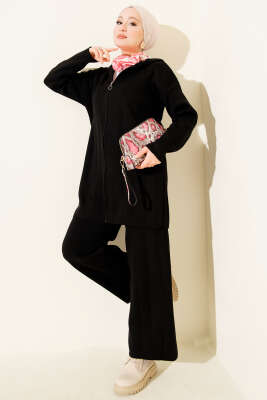 Kapüşonlu Fermuarlı Triko İkili Takım Siyah - NESSİA