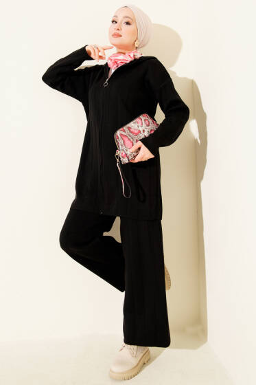Kapüşonlu Fermuarlı Triko İkili Takım Siyah - İkili Takım