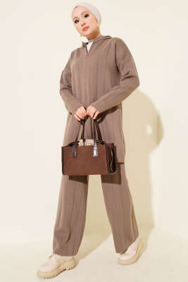 Kapüşonlu Fermuarlı Triko İkili Takım Vizon - NESSİA