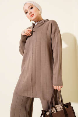 Kapüşonlu Fermuarlı Triko İkili Takım Vizon - İkili Takım