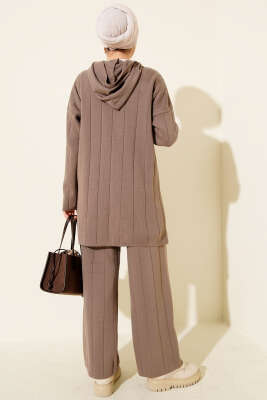 Kapüşonlu Fermuarlı Triko İkili Takım Vizon - İkili Takım