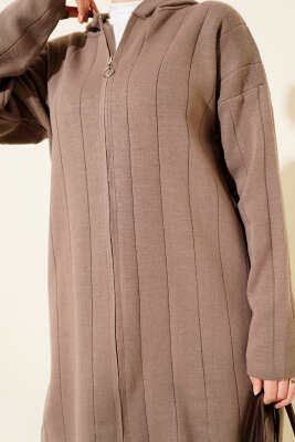 Kapüşonlu Fermuarlı Triko İkili Takım Vizon - İkili Takım