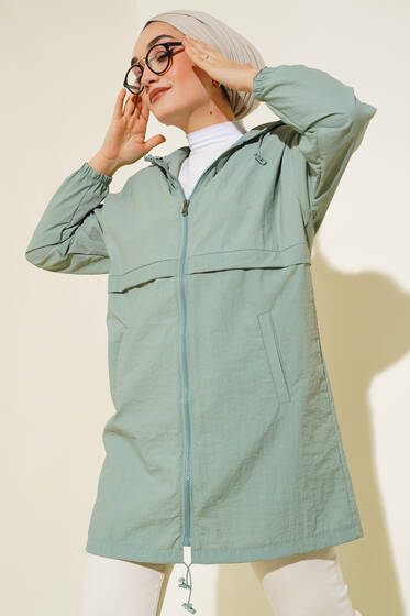 Kapüşonlu Fermuarlı Yağmurluk Çağla Yeşili - Yağmurluk