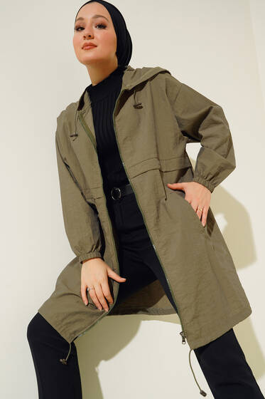 Kapüşonlu Fermuarlı Yağmurluk Haki - Yağmurluk