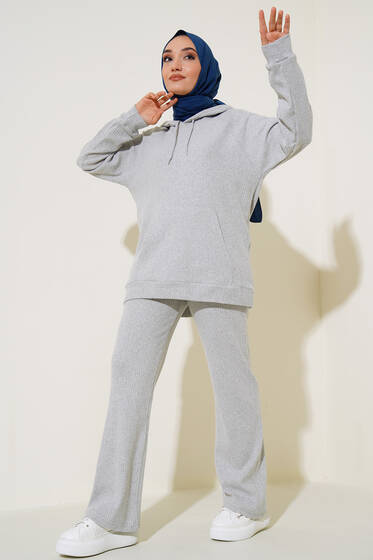 Kapüşonlu Fitilli İkili Takım Gri - İkili Takım