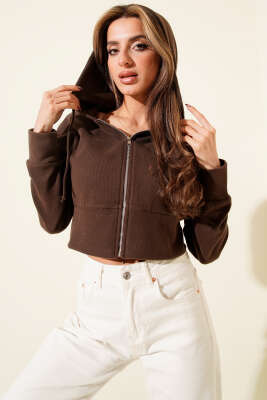 Kapüşonlu Fitilli Kısa Hırka Kahve - HELLIE