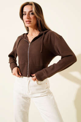 Kapüşonlu Fitilli Kısa Hırka Kahve - Kadın Giyim Modelleri