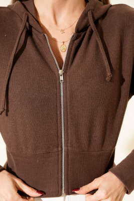 Kapüşonlu Fitilli Kısa Hırka Kahve - Kadın Giyim Modelleri