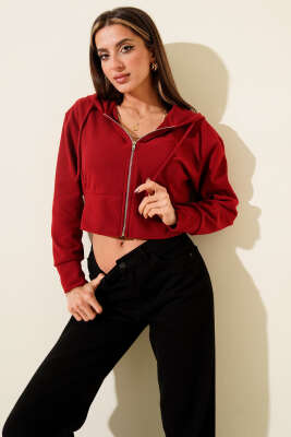 Kapüşonlu Fitilli Kısa Hırka Kırmızı 