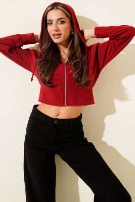 Kapüşonlu Fitilli Kısa Hırka Kırmızı - Kadın Giyim Modelleri