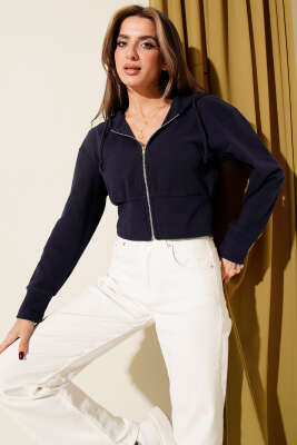 Kapüşonlu Fitilli Kısa Hırka Lacivert 