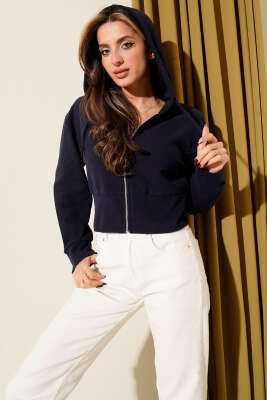 Kapüşonlu Fitilli Kısa Hırka Lacivert - Kadın Giyim Modelleri