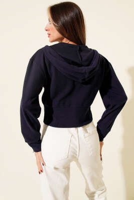 Kapüşonlu Fitilli Kısa Hırka Lacivert - Kadın Giyim Modelleri