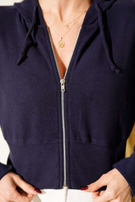 Kapüşonlu Fitilli Kısa Hırka Lacivert - Kadın Giyim Modelleri