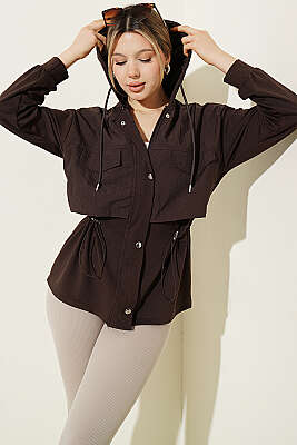 Kapüşonlu Garni Detaylı Ceket Kahve - LEVURE