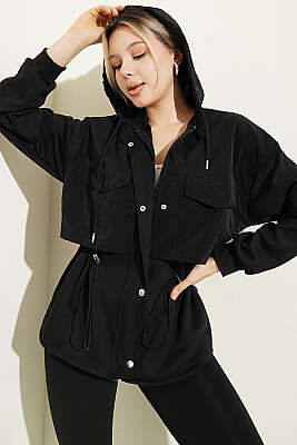 Kapüşonlu Garni Detaylı Ceket Siyah - LEVURE