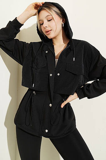 Kapüşonlu Garni Detaylı Ceket Siyah - Kadın Giyim Modelleri